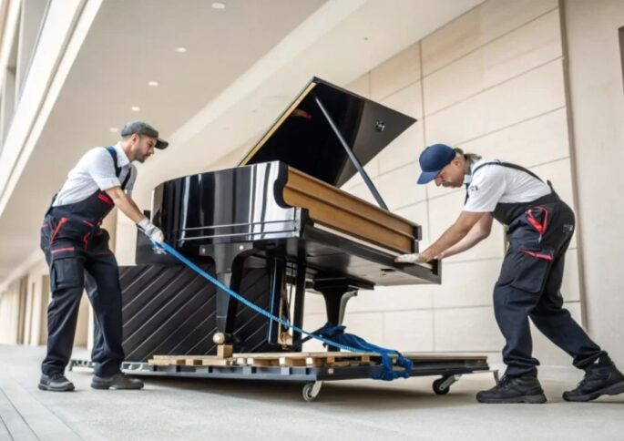 Affordable Piano Moving Experts Safely Transporting Grand Piano Affordable Piano Moving professionals carefully transporting a grand piano on a dolly outside a modern building
